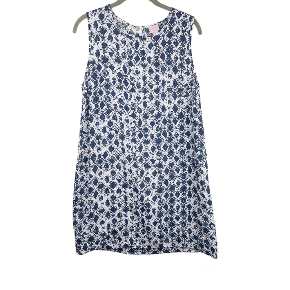 St. Tropez Womens Linen Tunic Tank Dress Sz 6 Blue White Geometric Sleeveless